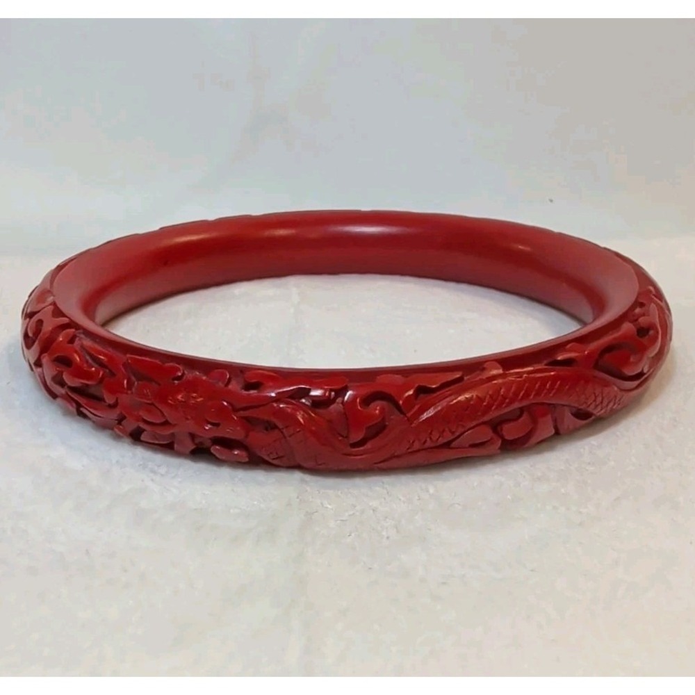 Vintage Asian Cinnabar Red Carved Bangle Bracelet Dragon.